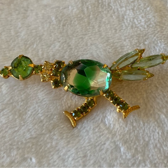 Rare VINTAGE green rhinestone, crystal, & gemstone ROADRUNNER BROOCH - Picture 3 of 8